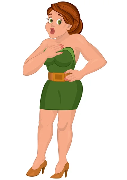 Cartone animato giovane donna in verde mini abito sorpreso — Vettoriale Stock