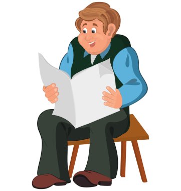 Batı haber okuma yeşil koltukta oturan mutlu karikatür adam