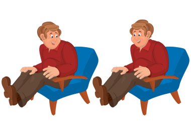Mavi sandalyede oturan mutlu karikatür adam