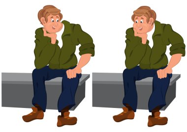 gri bankta oturan mutlu karikatür adam