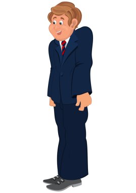 Mavi takımı omuz ayakta mutlu karikatür adam