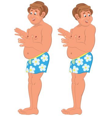 Mavi çamaşırlarıyla ayakta mutlu karikatür kişi