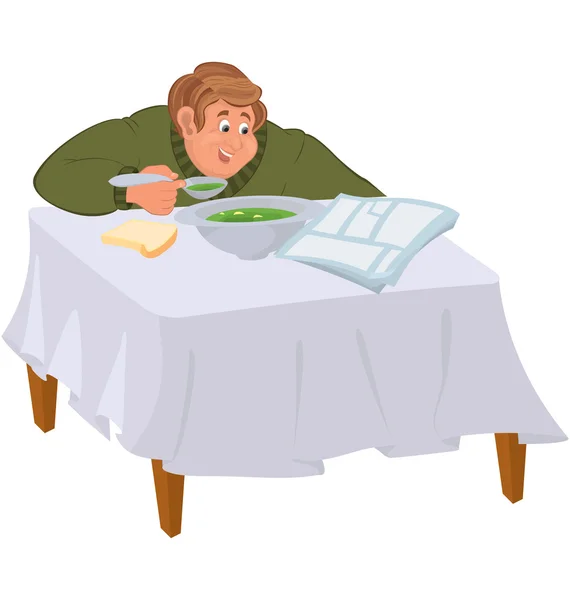 Ευτυχής γελοιογραφία άνθρωπος τρώει στο τραπέζι — Διανυσματικό Αρχείο
