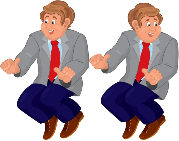 Happy cartoon man in sitting position in gray jacket — Stock Vector