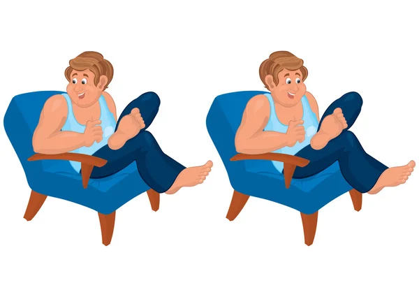 Happy cartoon man sitting in blue chair in blue top — Stock Vector