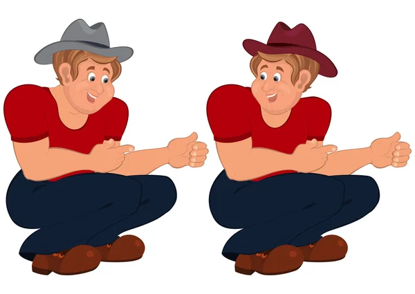 Happy cartoon man sitting in red top and hat — Stock Vector