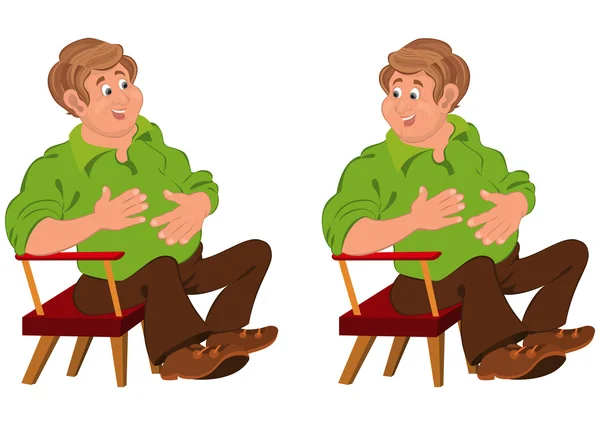 Glad tegneserie mand sidder i lænestol med hænderne på maven – Stock-vektor
