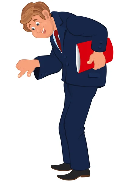 Happy cartoon man standing in blue suit with red book — Stock Vector