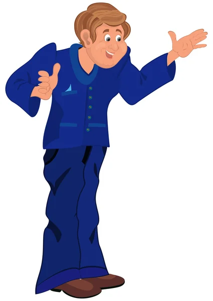 Happy cartoon man die in blauw uniform — Stockvector