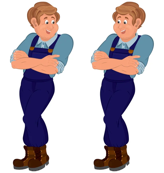Homme de bande dessinée heureux debout dans des bottes brunes avec les mains sur la poitrine — Image vectorielle