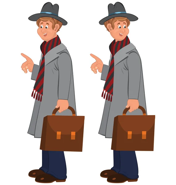 Ευτυχής γελοιογραφία άτομο που στέκεται στο γκρι καπέλο με Χαρτοφύλακα — Διανυσματικό Αρχείο