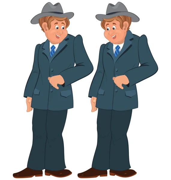 Feliz hombre de dibujos animados de pie en la suite gris y sombrero — Vector de stock