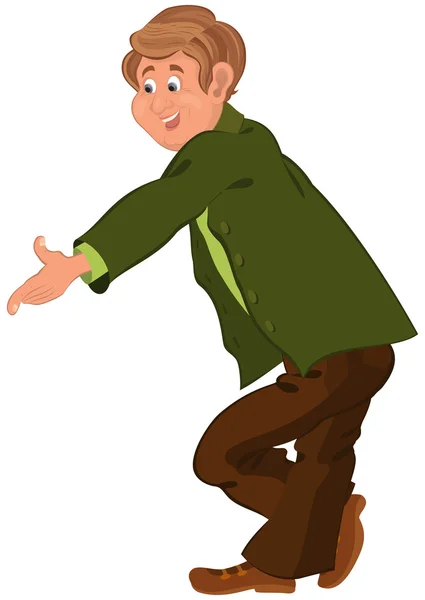 Happy cartoon man standing in green jacket pointing — Stock Vector