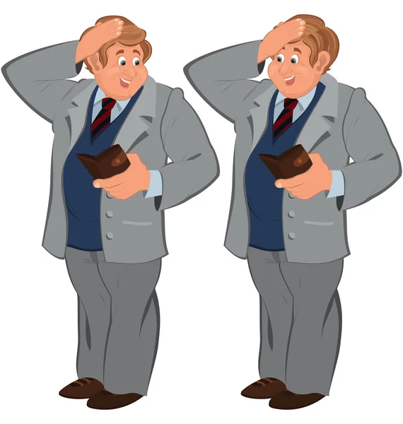 Homme de bande dessinée heureux debout dans une suite grise avec portefeuille — Image vectorielle