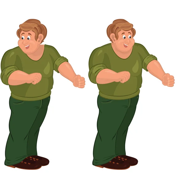 Happy cartoon man standing in green pants and brown shoes — Stock Vector