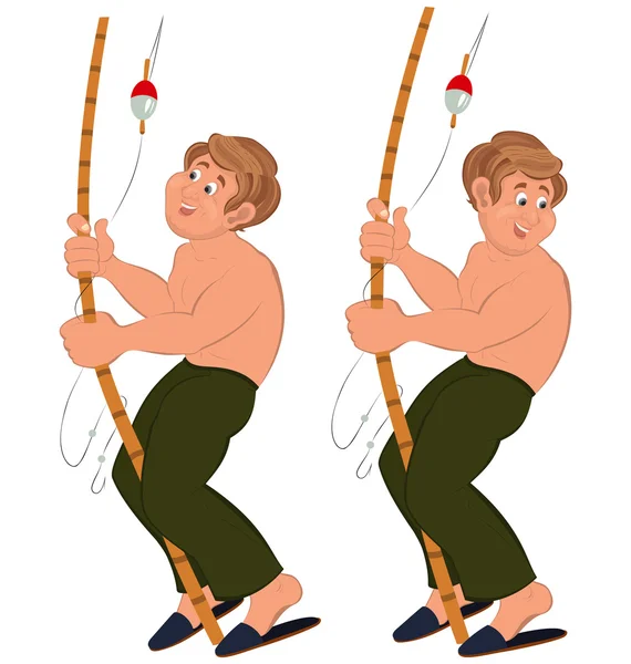 Heureux dessin animé homme debout dans vert pantalon seins nus avec pêche r — Image vectorielle