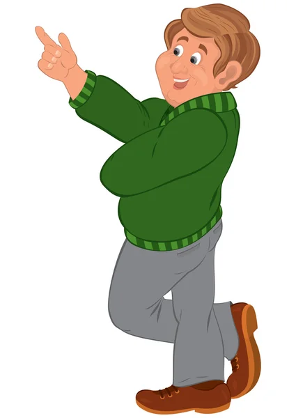 Happy cartoon man standing in green sweater and brown shoes — Stock Vector