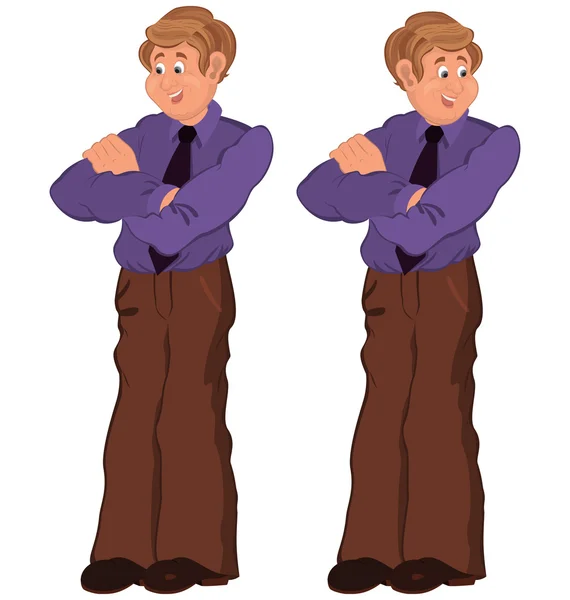 Happy cartoon man standing in purple shirt and tie — Stock Vector