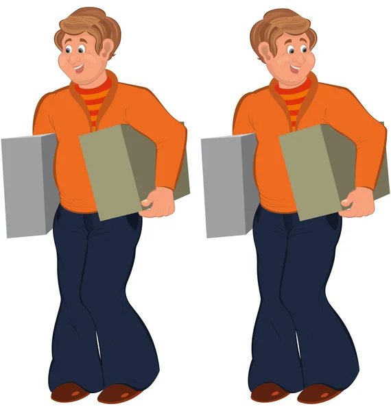 Feliz hombre de dibujos animados de pie en suéter naranja con cajas — Vector de stock