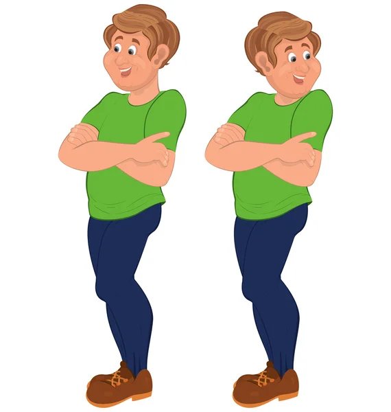 Elleri göğsünde yeşil tişört içinde ayakta mutlu karikatür kişi — Stok Vektör