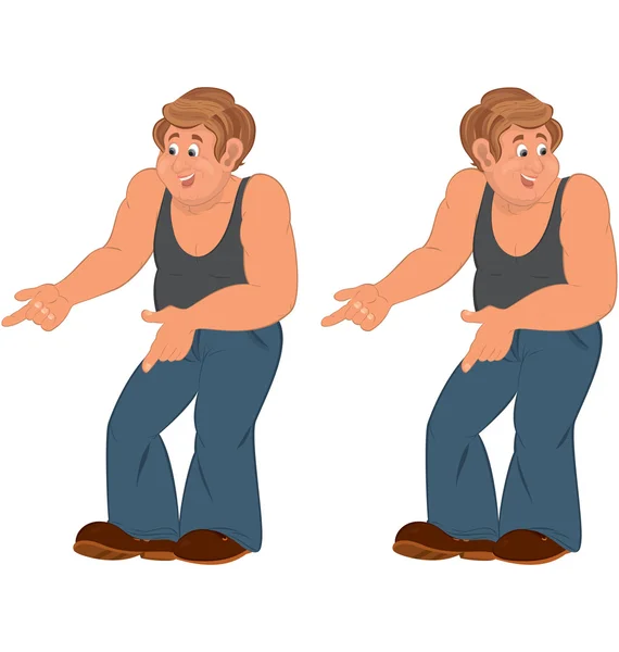 Happy cartoon man standing in sleeveless top and pointing — Stock Vector