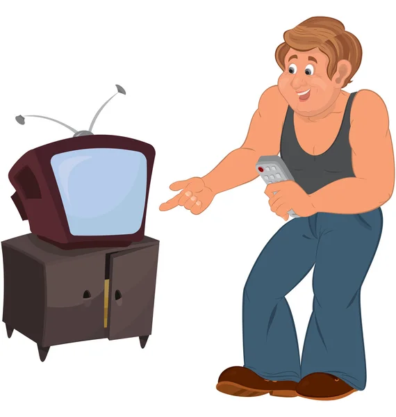 Szczęśliwy kreskówka mężczyzna stojący w pobliżu tv — Wektor stockowy