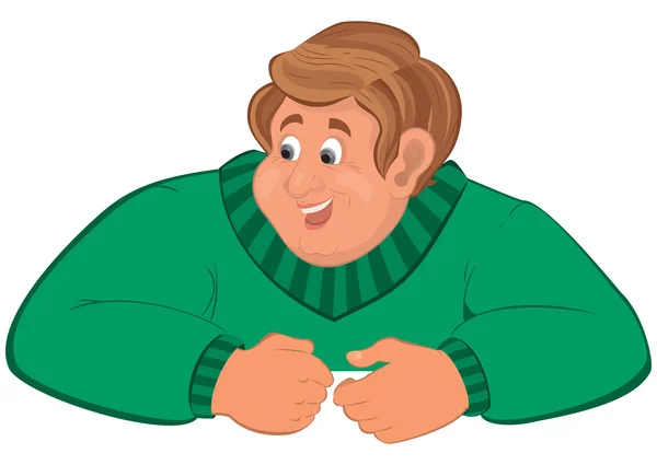 Happy cartoon man torso in green sweater elbows on top — Stock Vector