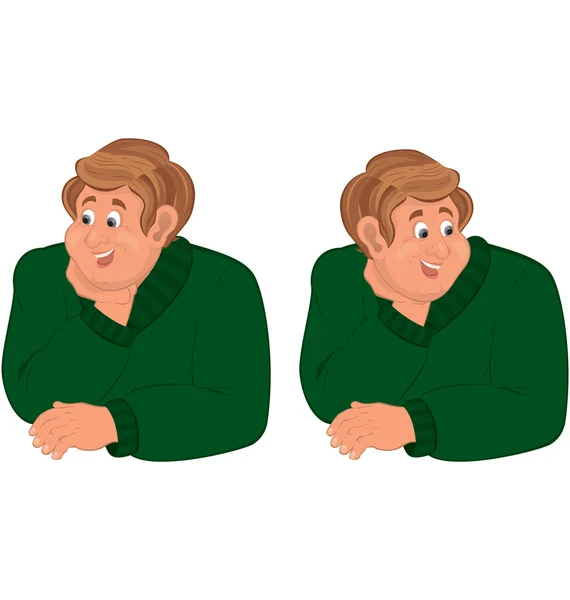 Happy cartoon man torso in green sweater — Stock Vector