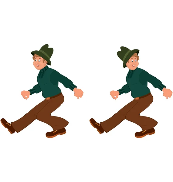 Heureux dessin animé homme marche dans vert chapeau — Image vectorielle