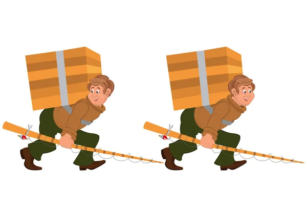 Glad cartoon mannen gå med fiskespö och stor låda — Stock vektor