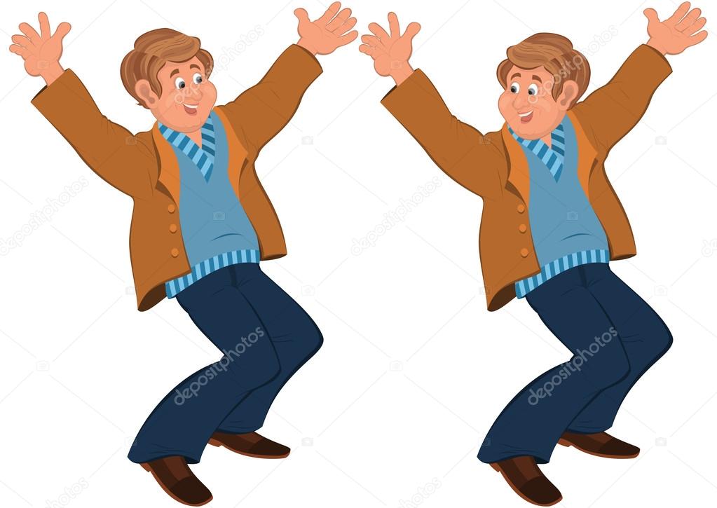 Happy cartoon man standing in brown jacket holding hands up