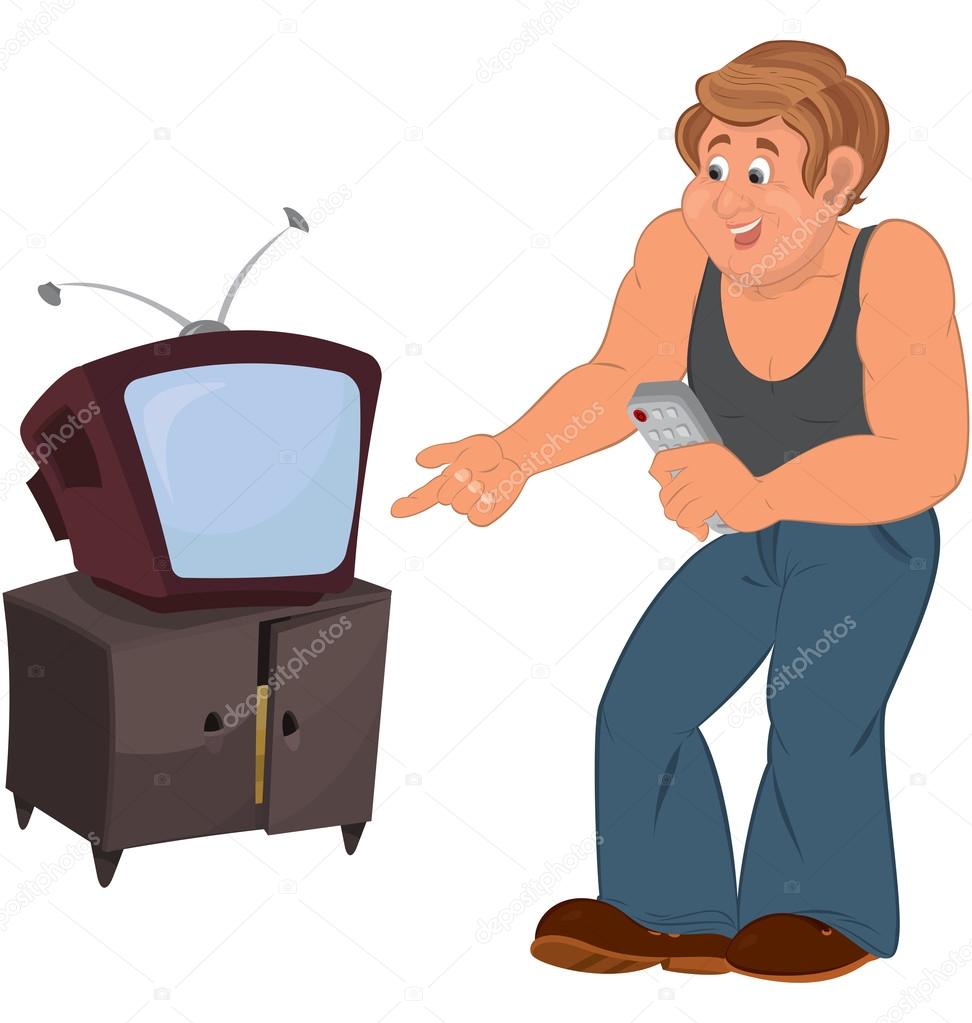 Happy cartoon man standing near TV