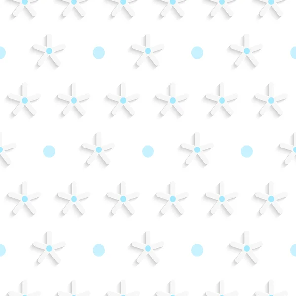 Witte kleine sneeuwvlok vormen met blauwe stippen op witte patroon — Stockvector