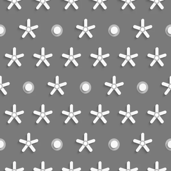 White small snowflake shapes with dots on gray pattern — Stock Vector