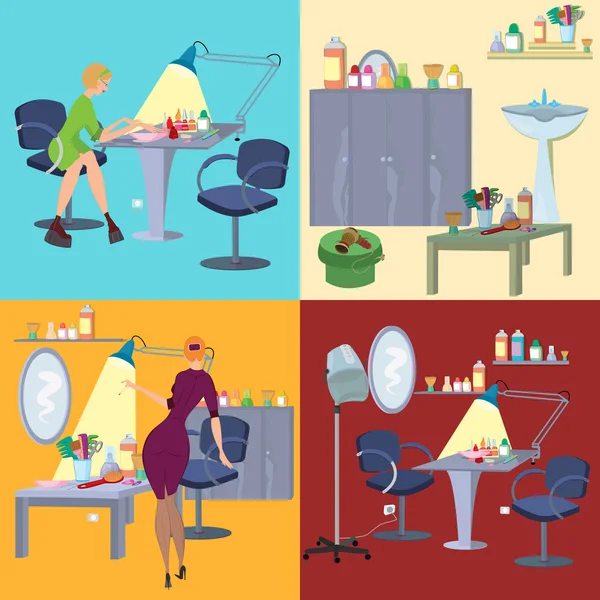 Beauty salon spa vlakke mensen en meubilair — Stockvector