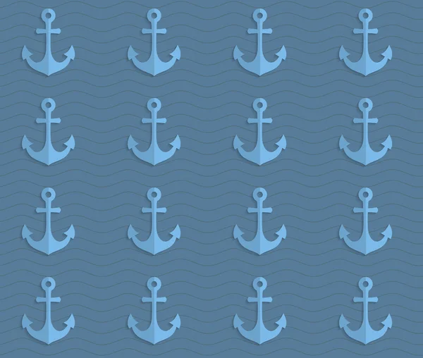 Retro fold blue anchors on waves — Stock Vector