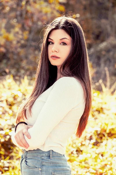 Autumn Portrait Attractive Brunette Park Outdoor — Stock Photo, Image