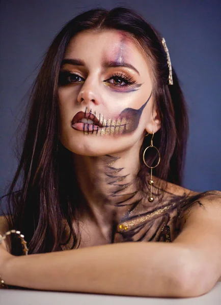 Halloween Totenkopf Make Beauty Studio Dunklen Hintergrund — Stockfoto