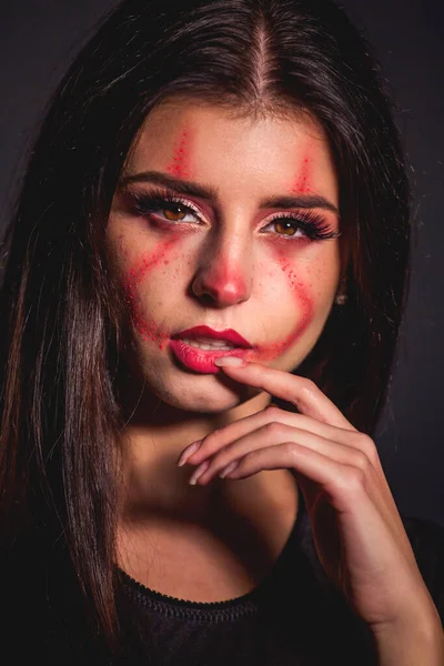 Mulher Com Maquiagem Rosto Para Palhaço Halloween — Fotografia de Stock