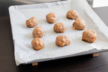 close-up of baked turkey meatballs in a baking tray