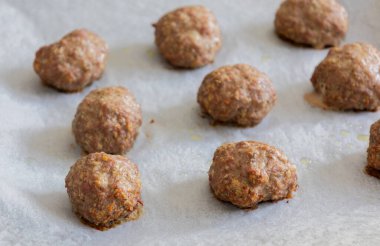 close-up of baked turkey meatballs in a baking tray