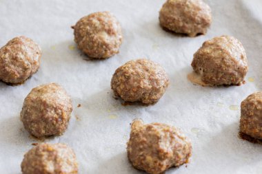 close-up of baked turkey meatballs in a baking tray