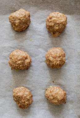 close-up of baked turkey meatballs in a baking tray
