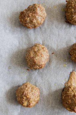 close-up of baked turkey meatballs in a baking tray