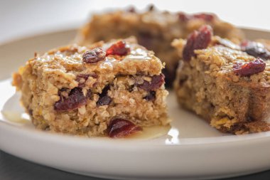close-up of baked cranberry orange oatmeal for holiday breakfast