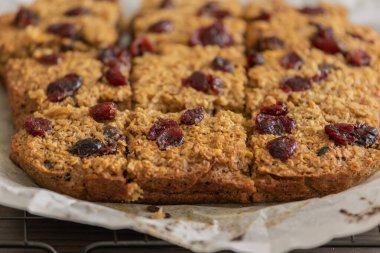 close-up of baked cranberry orange oatmeal for holiday breakfast