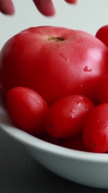 Beyaz Kase Sağlıklı İçindekiler İçin Taze Karışık Domateslerin Dikey Videosu