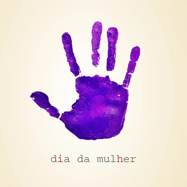 Huella de mano violeta y texto dia da mulher, día de la mujer en portugues — Foto de Stock