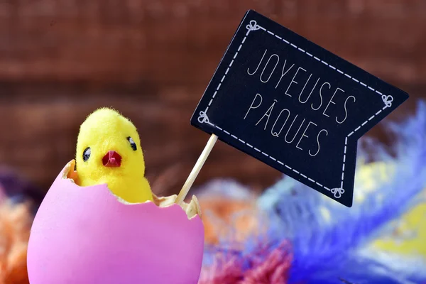 Chick emerging from an egg and text joyeuses paques — Stock Photo, Image