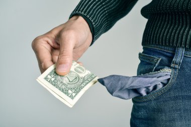 man with only one US dollar in his pocket clipart